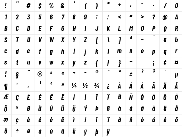 Barlow Condensed Bold Italic Character Map