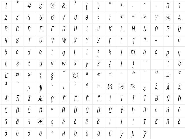 Barlow Condensed Light Italic Character Map