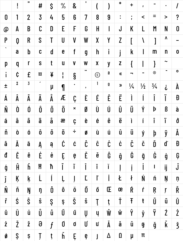 Barlow Condensed Medium Character Map