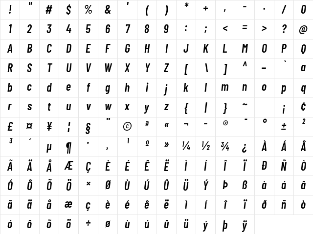 Barlow Condensed SemiBold Italic Character Map