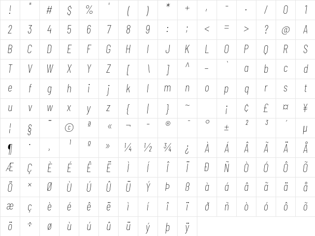 Barlow Condensed Thin Italic Character Map