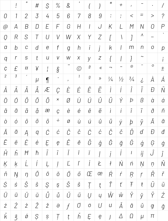 Barlow Light Italic Character Map Barlow Light Italic Character Map