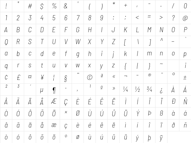 Barlow Semi Condensed ExtraLight Italic Character Map