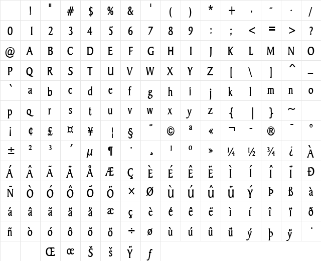 Barrett-Condensed Bold Character Map