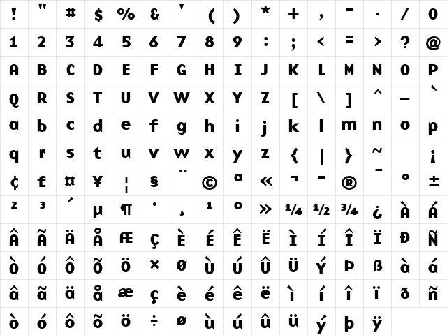 BaseNine Bold Character Map