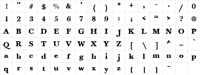 Baskerville Bold Character Map
