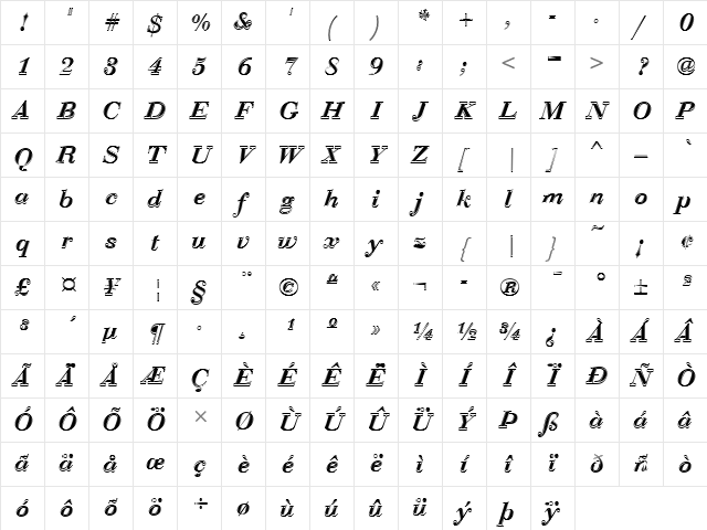 Bauer Bodoni D In1 Demi Bold Italic Character Map