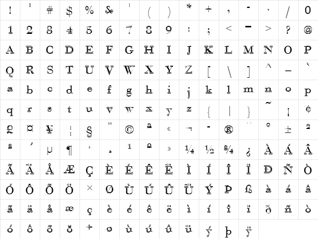 Bauer Bodoni D In1 Regular Character Map