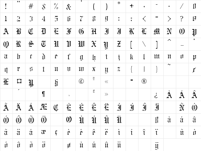 Baxter Regular Character Map
