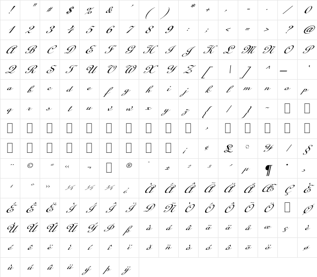 BD Cursif Regular Character Map