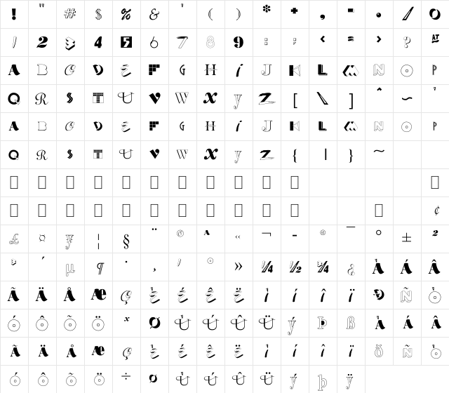 BD ModernArt Regular Character Map