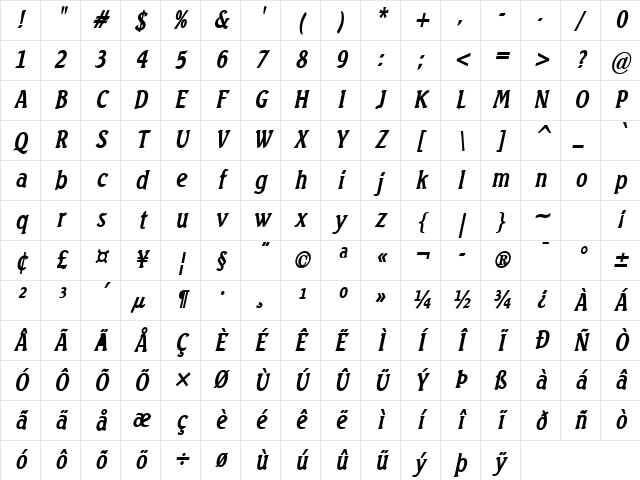 Beach-Condensed Bold Italic Character Map