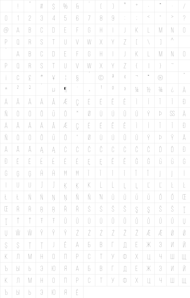 Bebas Neue Thin Character Map