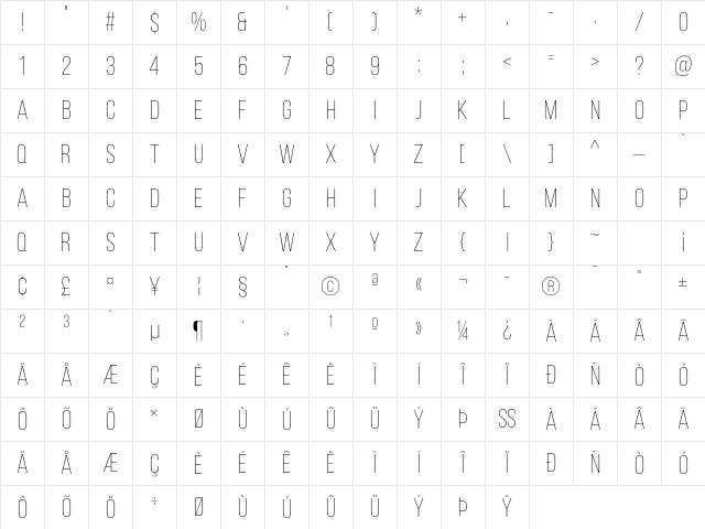 Bebas Neue Light Character Map