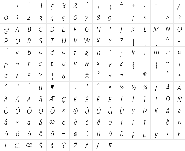 Beret LT Std Light Italic Character Map Beret LT Std Light Italic Character Map