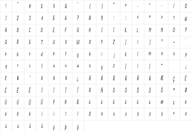 Bernaise Extra-condensed Italic Character Map