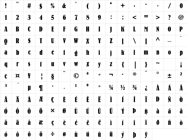 Bernhard Std Bold Condensed Character Map