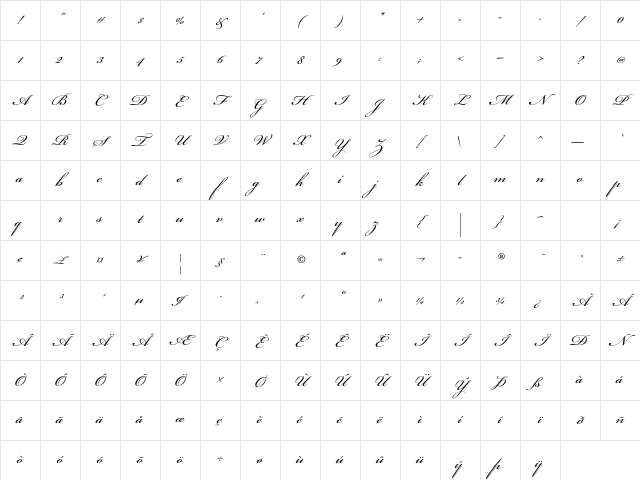 Bickham Script Std Regular Character Map