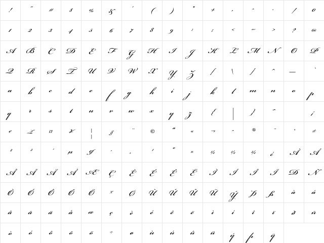 Bickham Script Std Semibold Character Map