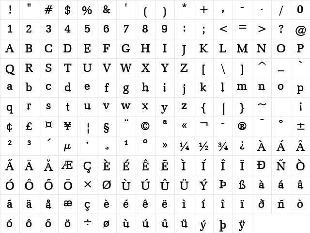 Bid Roman Bold Character Map