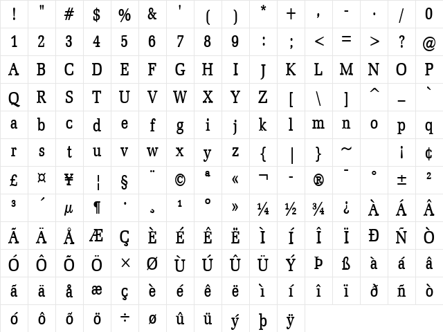 Bid Roman-Condensed Bold Character Map Bid Roman-Condensed Bold Character Map