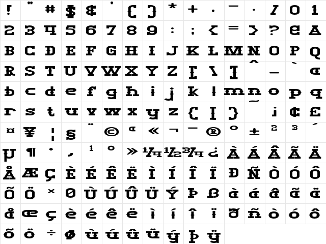 Big Burro Extra-expanded Bold Character Map Big Burro Extra-expanded Bold Character Map