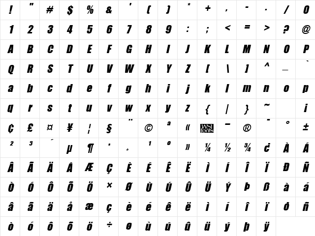 Billboard Italic Character Map