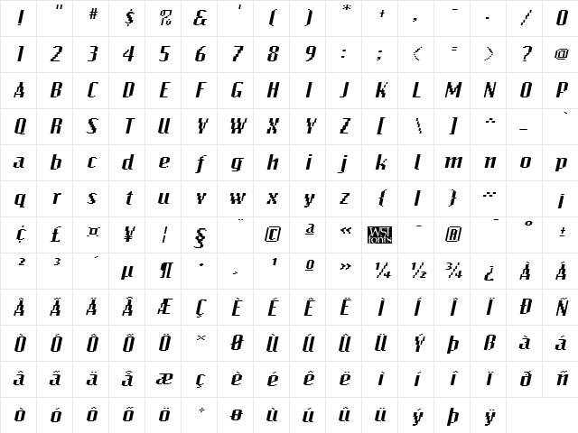 BitmapWide Italic Character Map BitmapWide Italic Character Map