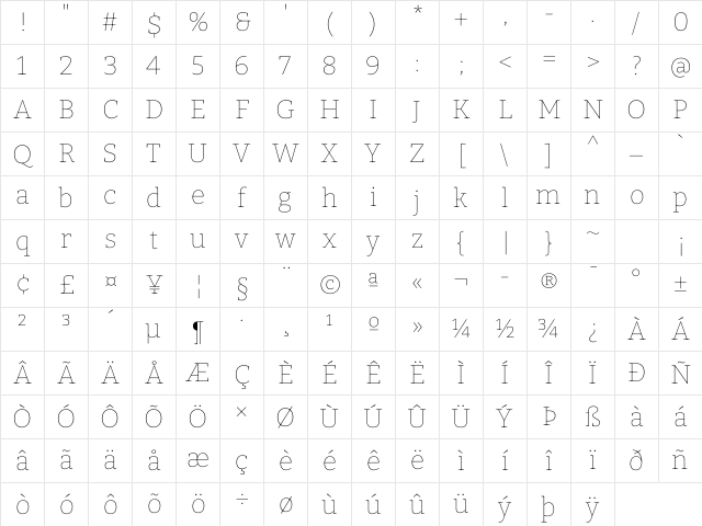 Bitter Thin Regular Character Map