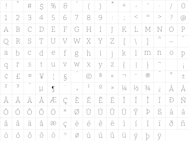 Bitter Thin Regular Character Map