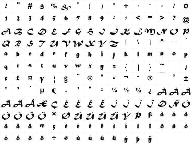 Matura MT Script Capitals Regular Character Map