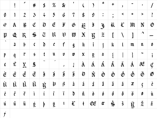 Blacklet Normal Bold Character Map