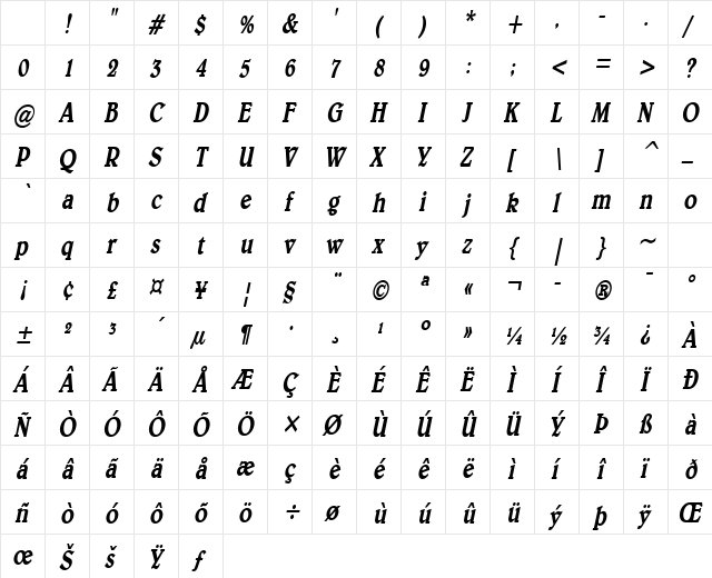 Blew-Condensed Bold Italic Character Map