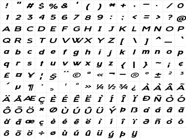 Blockjock Extra-expanded Italic Character Map
