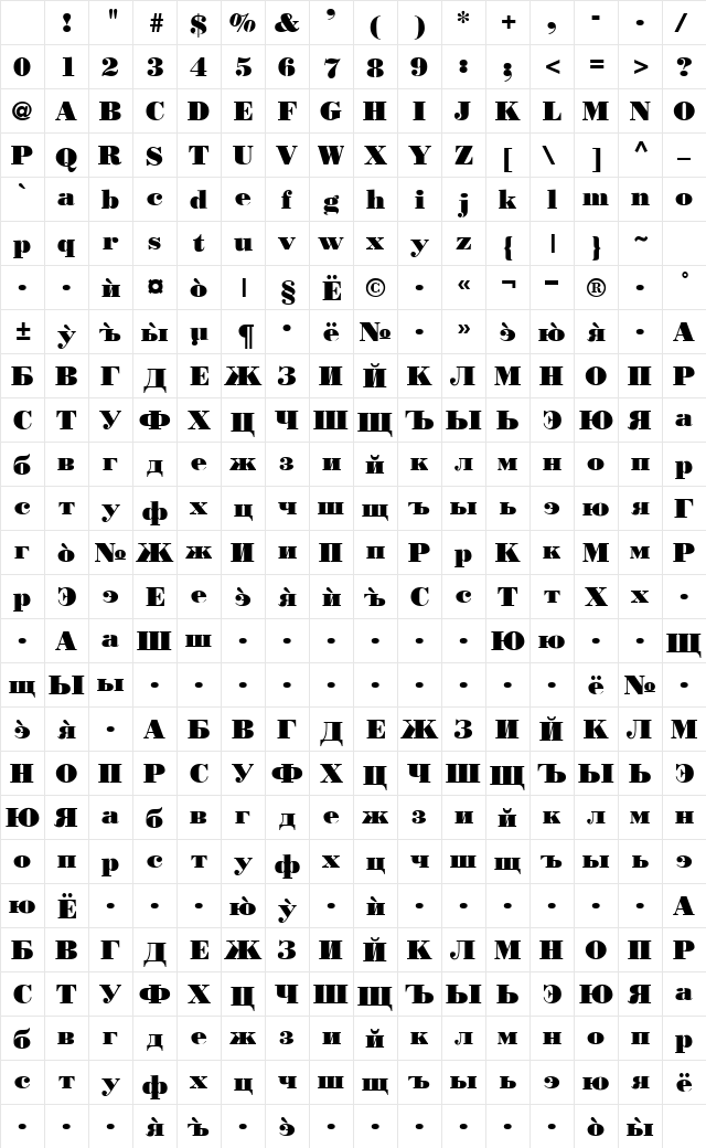 BodinoCyr Bold Character Map BodinoCyr Bold Character Map