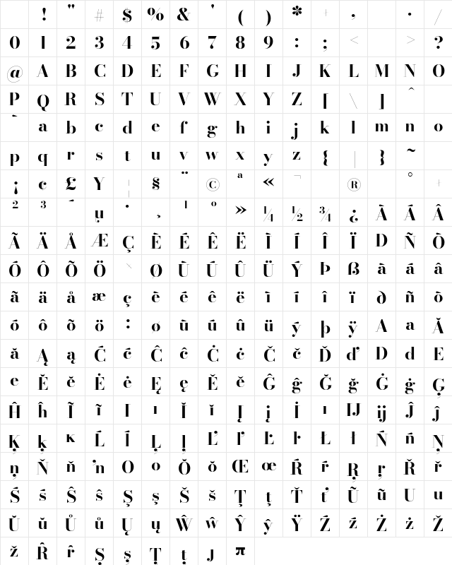 Bodoni* 24 Bold Character Map Bodoni* 24 Bold Character Map