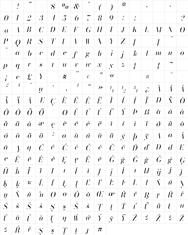 Bodoni* 96 Italic Character Map Bodoni* 96 Italic Character Map