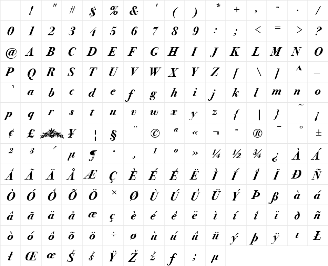 Bodoni Seventytwo ITC Bold Italic Character Map Bodoni Seventytwo ITC Bold Italic Character Map