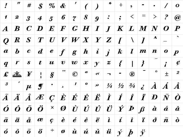 Bodoni Six ITC Bold Italic Character Map