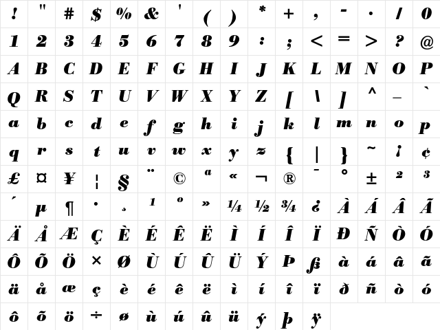 Bodoni BE Bold Italic Character Map Bodoni BE Bold Italic Character Map
