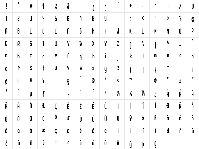 Bogboo Extra-condensed Bold Character Map