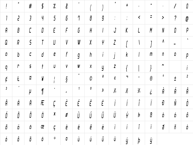 Bogboo Extra-condensed Italic Character Map