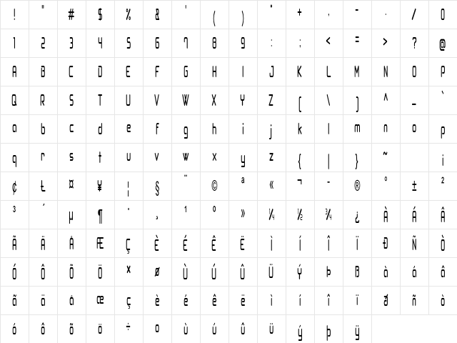 Bogboo Extra-condensed Regular Character Map