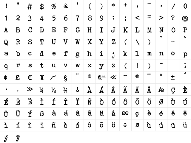 Bohemian Typewriter Normal Character Map