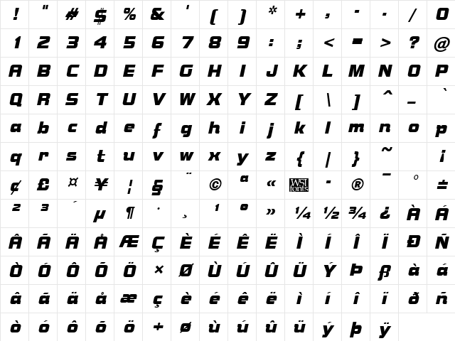 Bolster Italic Character Map
