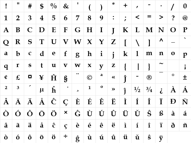 Book Antiqua Eo Bold Character Map