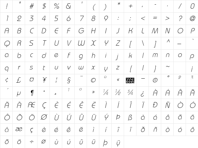 BordeauxLight Italic Character Map