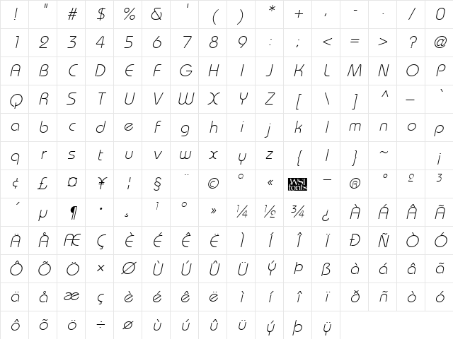 BordeauxLight Italic Character Map