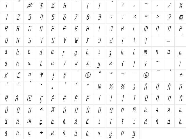 BraceLine Regular Character Map