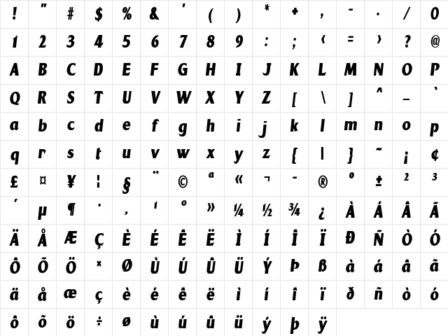 Brassica Condensed Bold Character Map